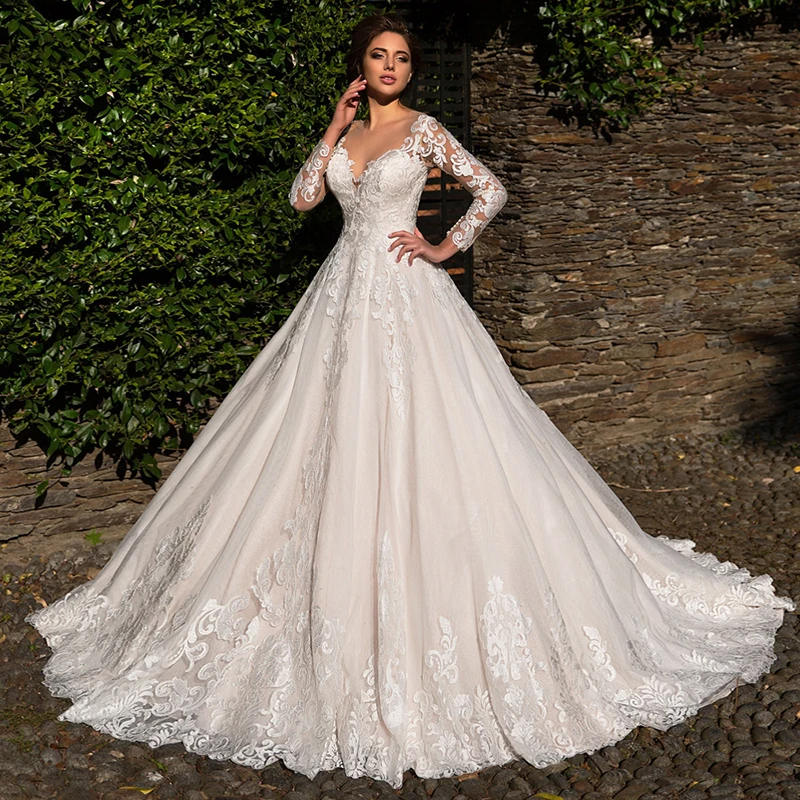 

Luxury Wedding Dresses Long Sleeve V Neck Lace Applique Sweetheart Prom Gowns Back Button Design High Waist Robe de mariée