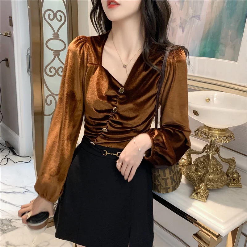 Women Blouse Gold Velvet Irregular Collar Short Lace Bottoming Shirt Slim Top Autumn Winter Female's Blouses Fashion Clothes