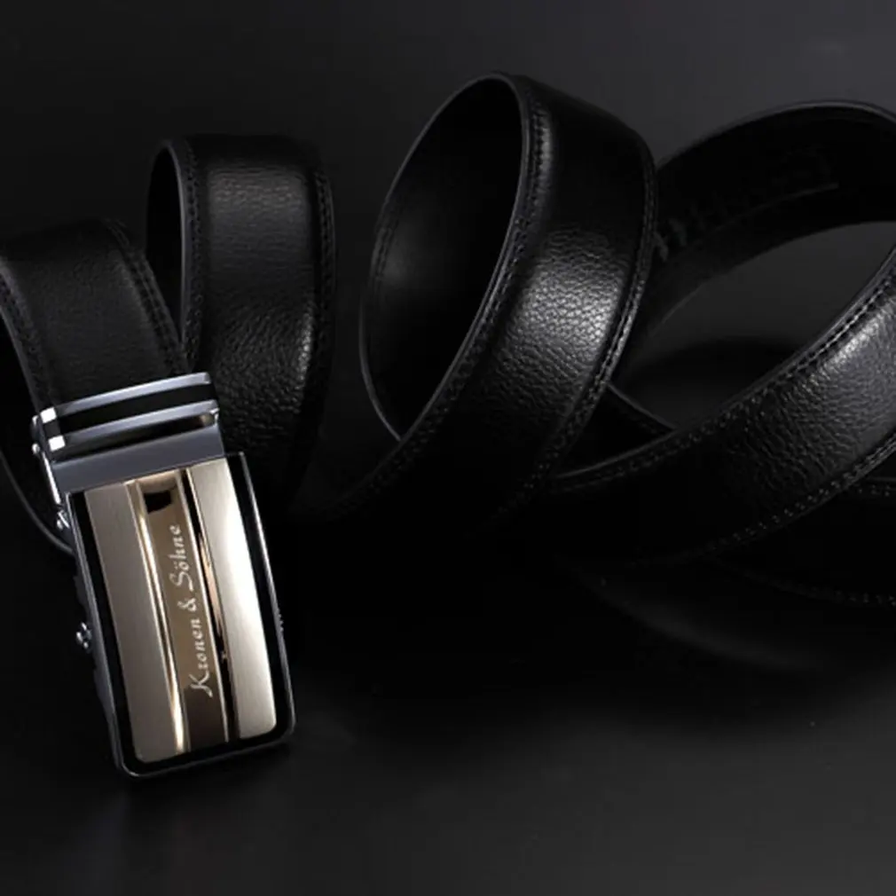 

New Business Official Gold Black Strap Mens Dress Genuine Real Leather Waist Belt Auto Lock Stainless Steel Buckle Belts /KB015