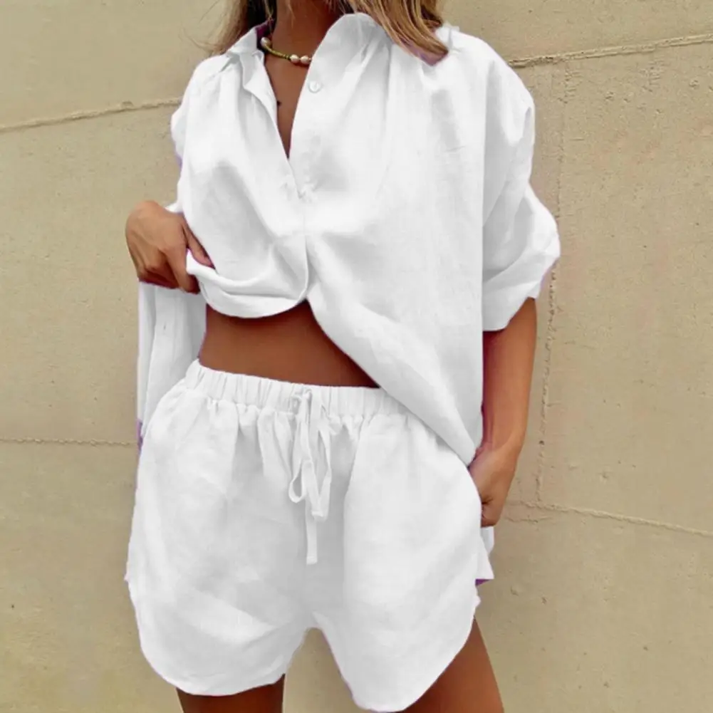 

2021 Summer Lady Short Set Women 3/4 Sleeve Short Tracksuit Two Piece Suit Oversized Loose Shirt Elastic Waist Drawstring Shorts