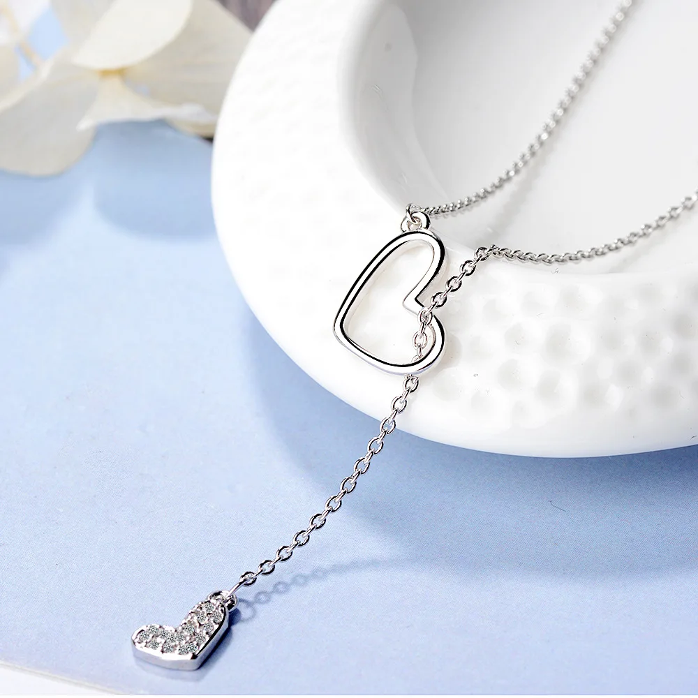 

925 Sterling Silver Adjustable Crystal Double Heart Shape Charm Necklaces & Pendants Choker Necklace For Women Jewelry dz255
