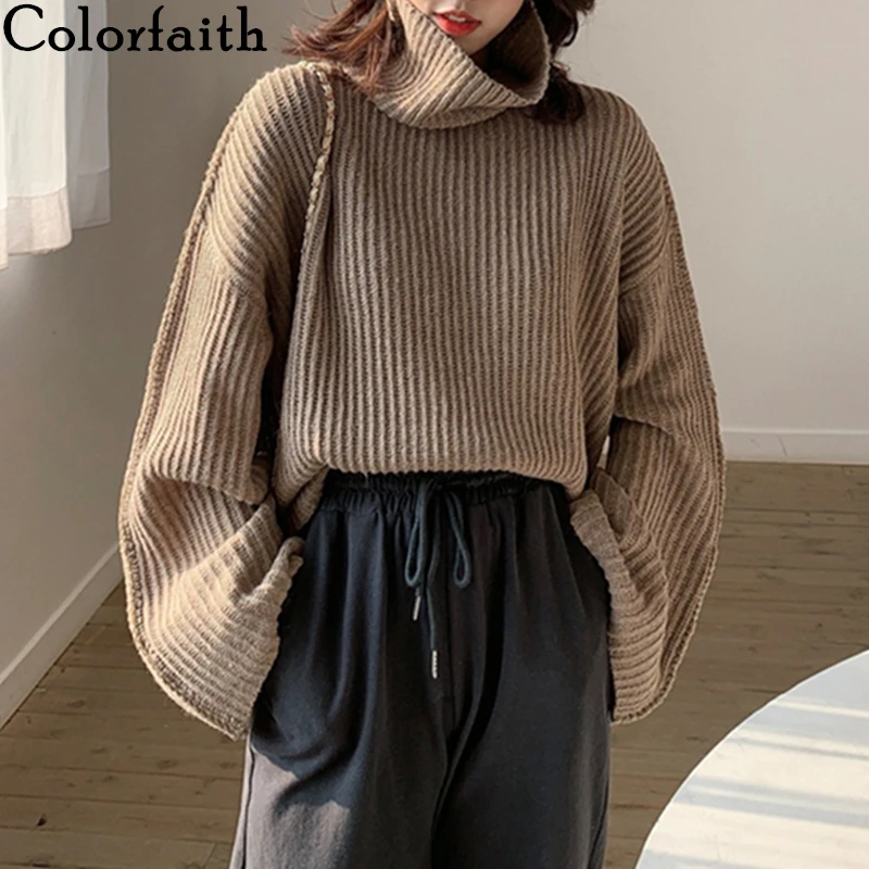 

Colorfaith/Новинка 2021 года; Сезон осень-зима; Женские свитера с высоким воротником; Пуловеры; Модные Винтажные джемперы с широкими рукавами; SW8168