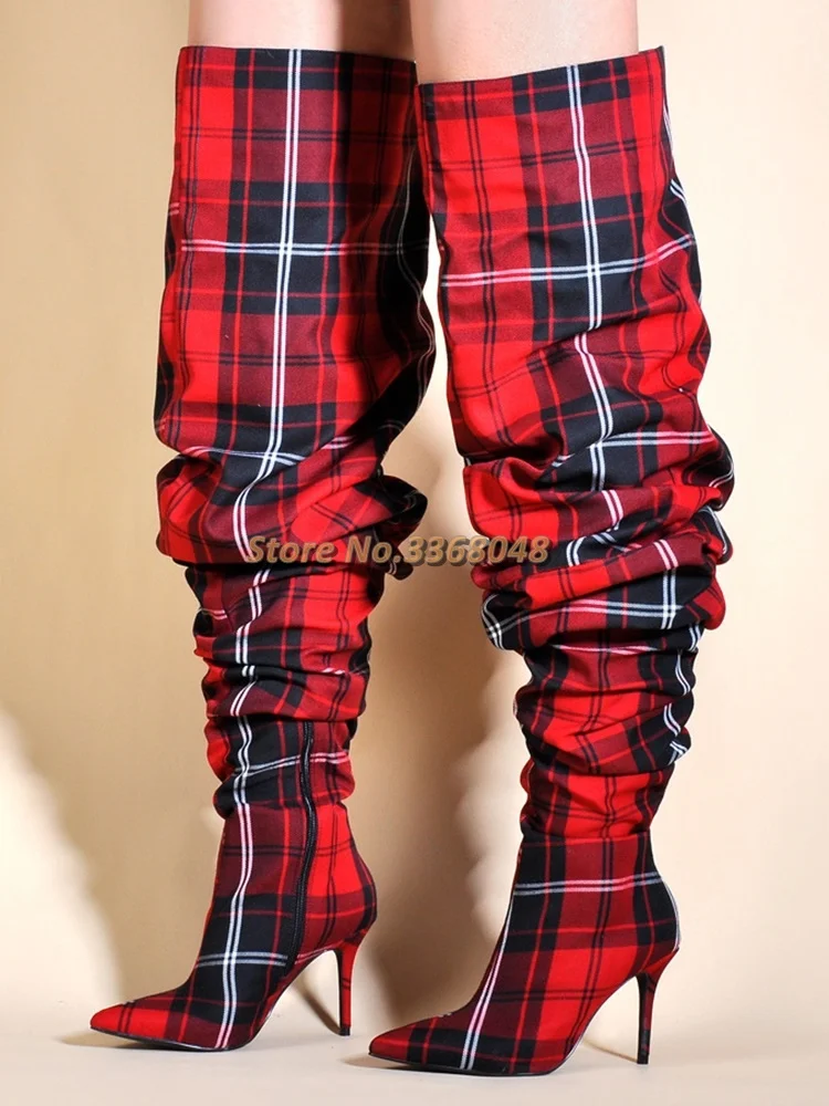 

Fashion European Pleated Over The Knee Boots Sexy Pointed Toe Stiletto High Heel Runway T Show Boots Plaid Red Yellow Green Boot