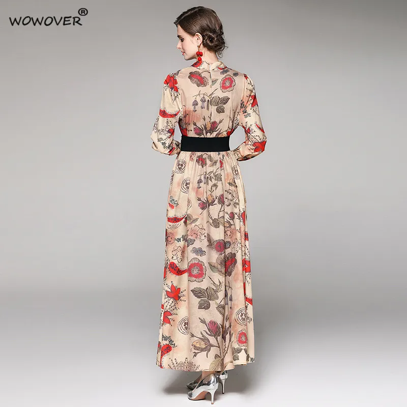 

Spring Autumn Clothing for Women Retro Fashion Runway Full Sleeve Printing Long Maxi Dress With Belt Casual Vacation Vestidos