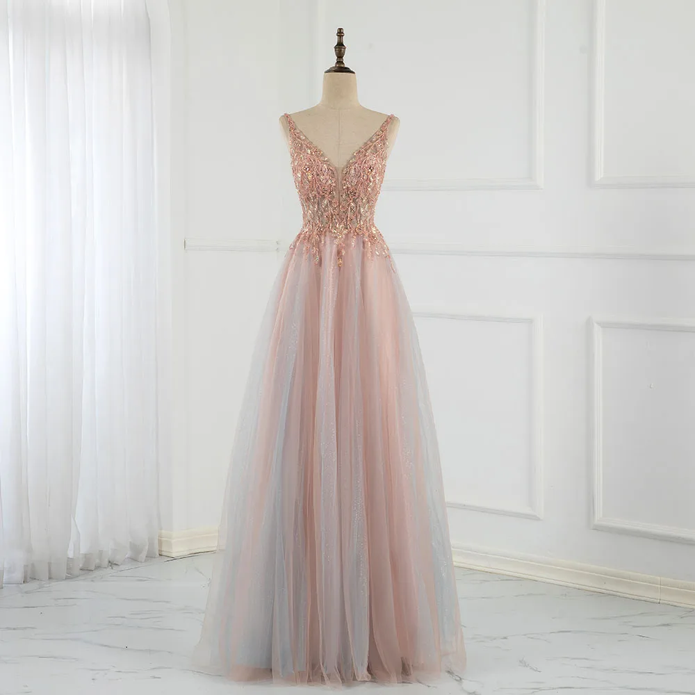 

Sweet Pink Long Prom Dresses Sexy V Neck Contrast Color Tulle Beaded Sequins Backless Formal Party Gown