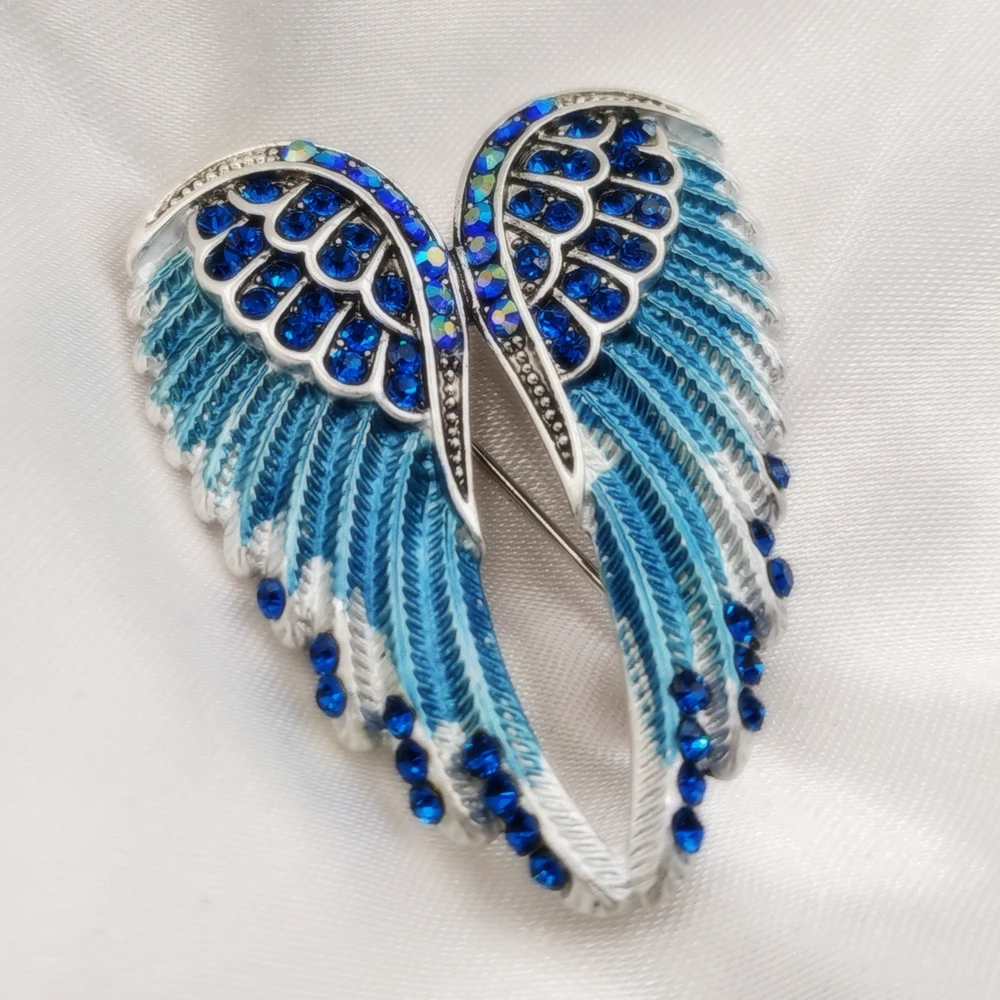Gothic Vintage AB Crystal Accent Enameled Metallic Blue Angle Wing Brooches Pins Art Nouveau Women Coat Gift Wrap Jewelry | Украшения и