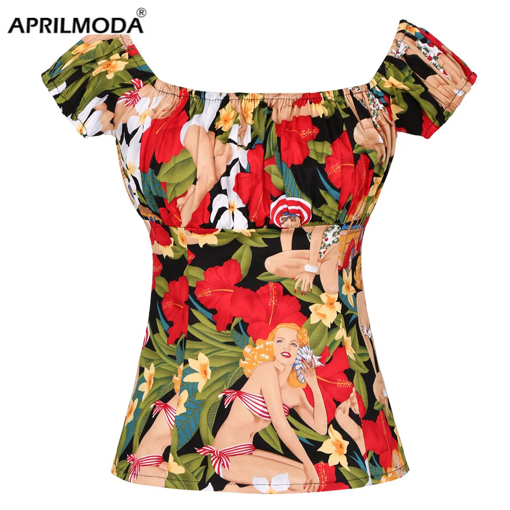 

Summer Vintage Cotton Shirts Retro 50s 60s Blouses Short Sleeve Western Girl Print Plus Size Tops Rockabilly Chic Women Clothing