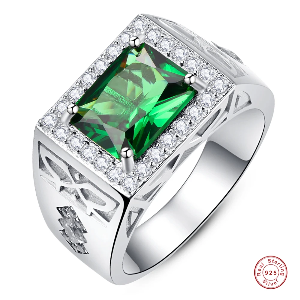 

925 Sterling Silver Men's Rings Square Green Zircon Pave Diamonds Men's Ring Emerald White Cubic Zirconia Wedding Ring