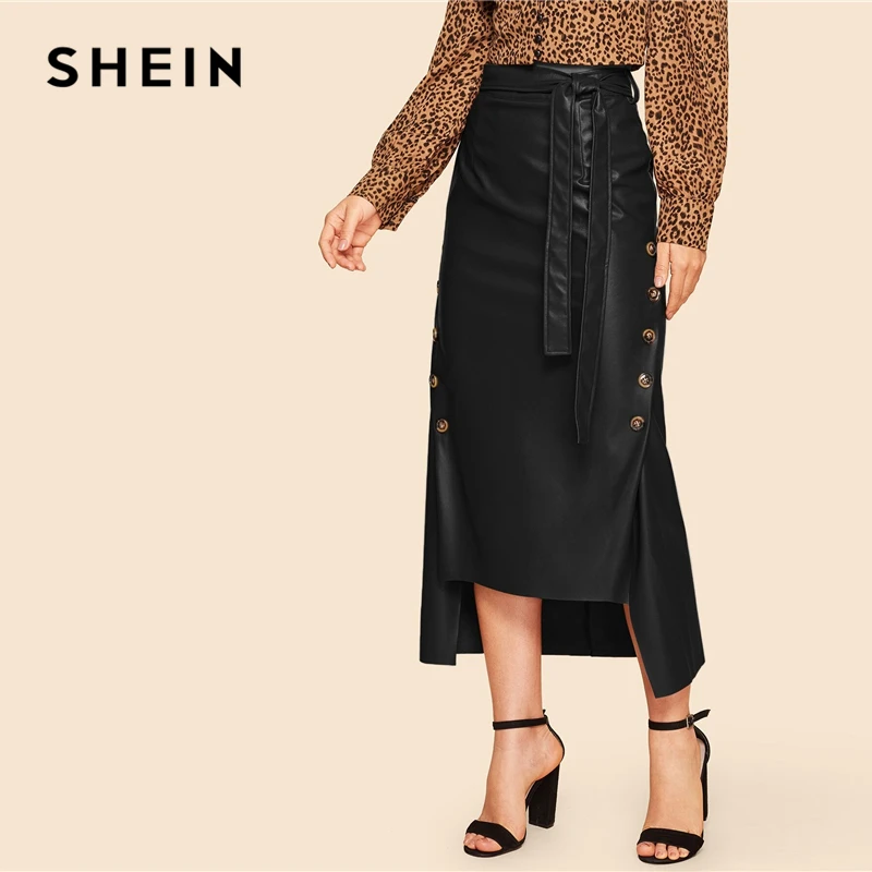 SHEIN Двубортная Асимметричная PU Юбка В Стиле 60 Х Годов С Поясом Женская Осенняя