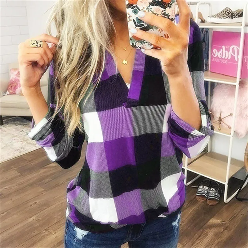 

Long Sleeve T Shirt Women Plaid V-Neck Autumn Spring Oversized Shirt Loose Plus Size Overalls Ladies Top Tee Casual Tshirt 2021