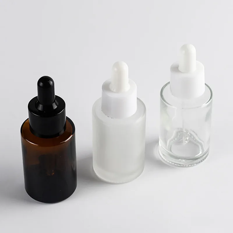 

200pcs 30ml flat shoulder frosted clear glass dropper bottle with white lid 1oz amber clear glass serum bottle gold cap