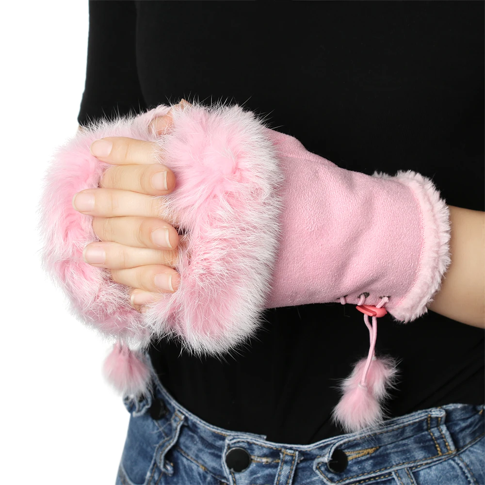 Мягкие удобные эластичные перчатки модные из искусственного кроличьего меха для