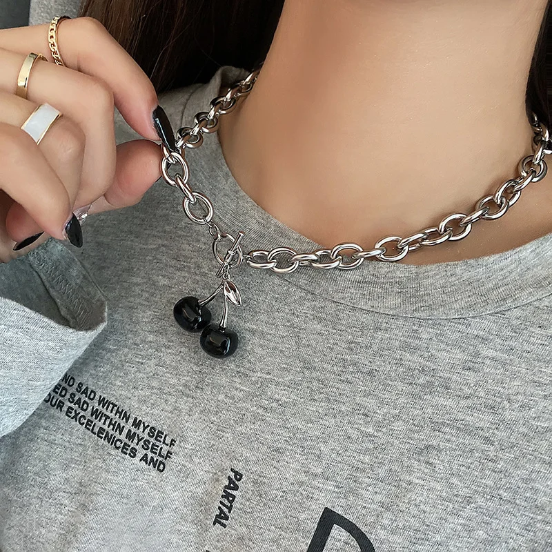 2021New dark black style cherry titanium steel necklace gift indifference clavicle chain female punk crowd simple neck Jewelry - купить по