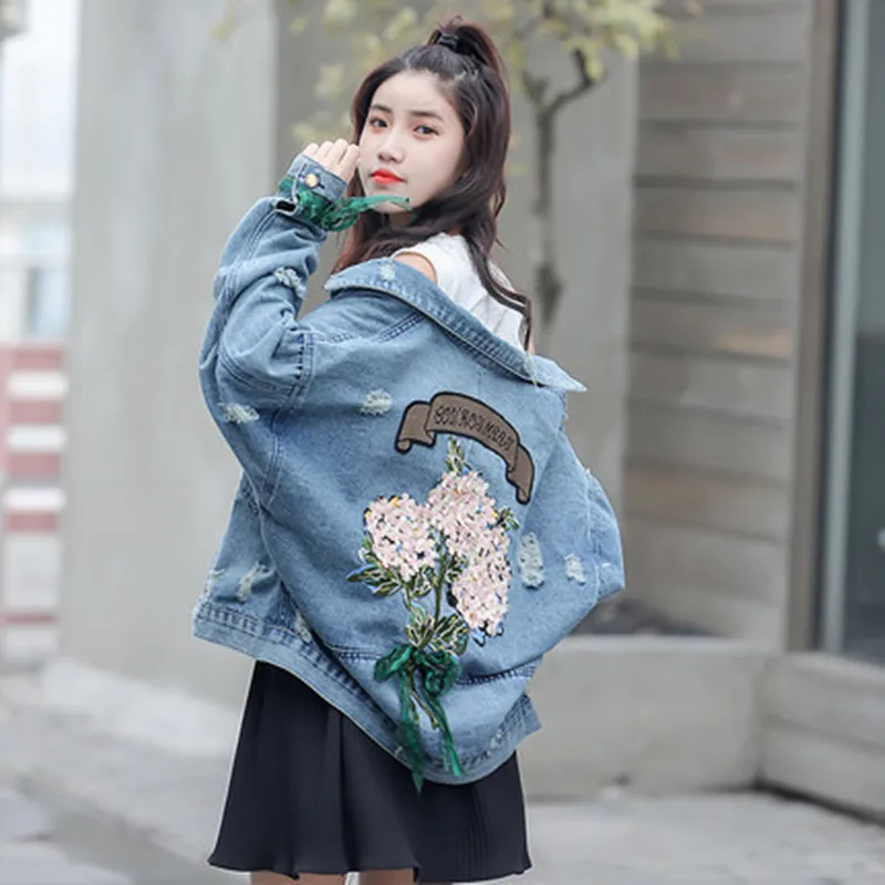 2019 New Ladies jacket，Large Size Spring And Autumn Coat， Loose Korean Bf Embroidery Flower Short Denim Clothing Tide CH797 | Женская