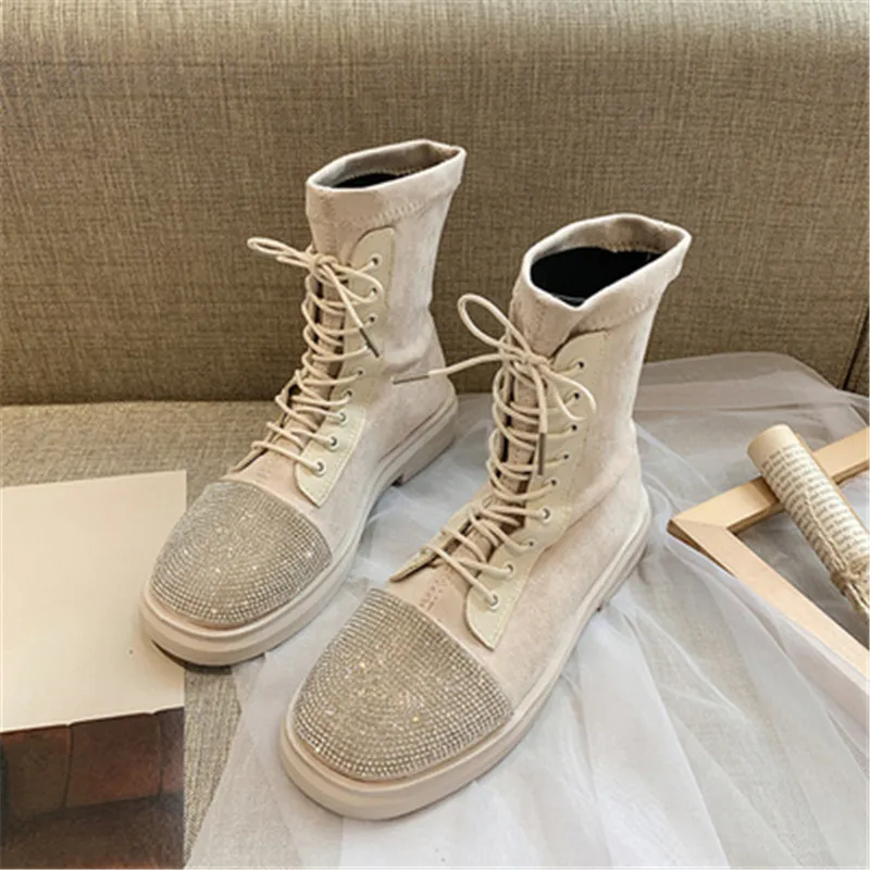 Новые модные женские туфли кожаные сапоги Bling Стразы шнуровка; осень-зима Ботильоны с круглым носком на платформе; Botas Mujer - Цвет: Beige