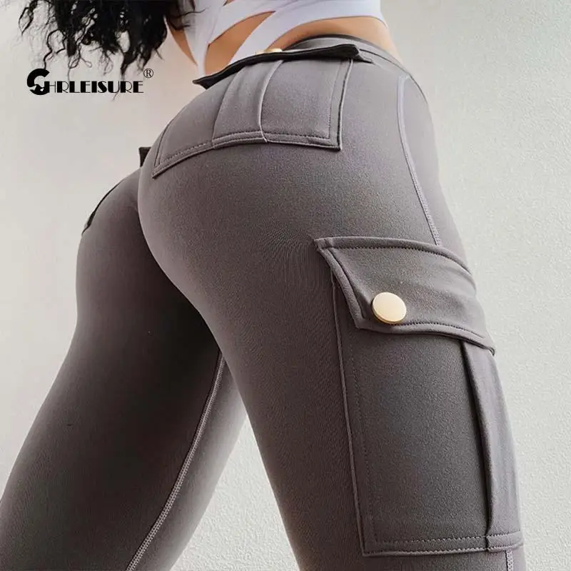 

CHRLEISURE Pocket Fitness Leggings Women Patchwork Push Up Yoga Pants Military Style Gym Legging Outdoor Running Trousers