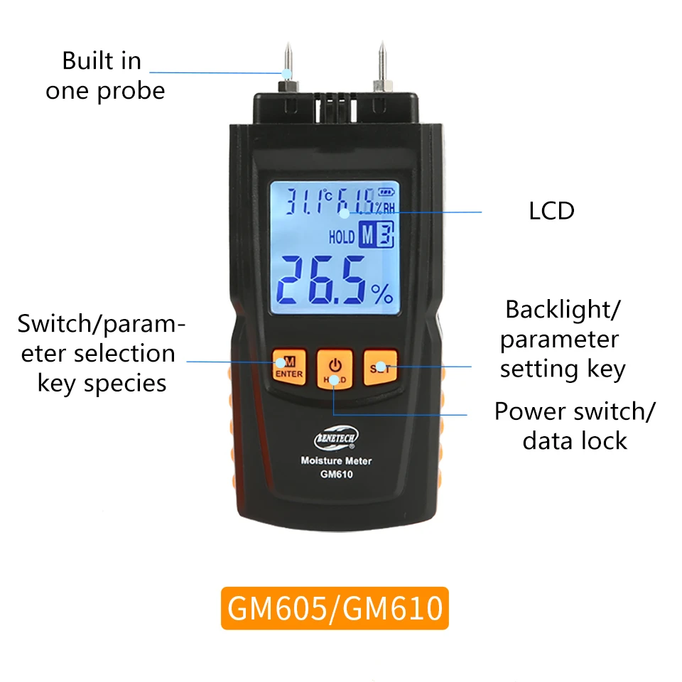 Измеритель влажности древесины BENETECH GM610 2 контактный тестер гигрометр диапазон 0 ~