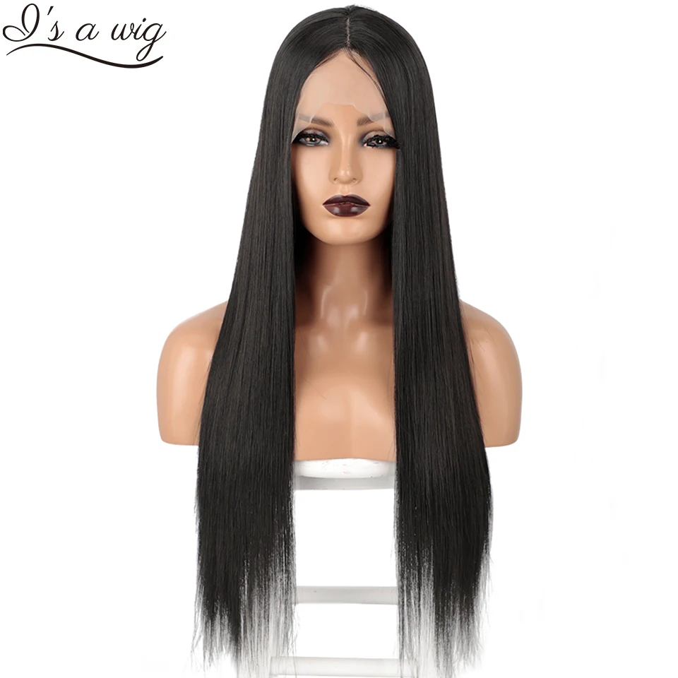 Длинные прямые черные синтетические кружевные передние Искусственные парики