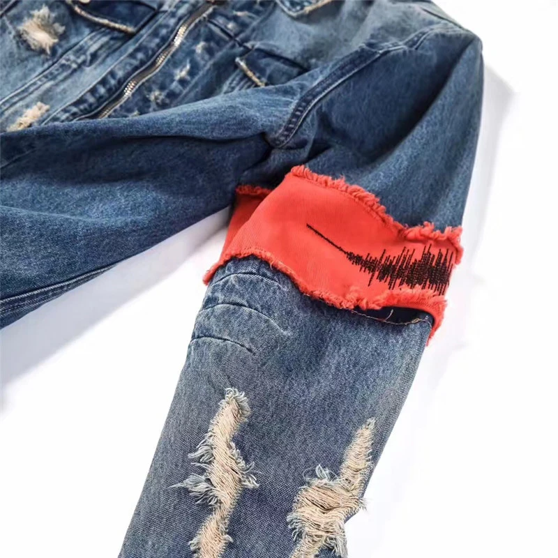 Джинсовая куртка на молнии для мужчин и женщин рваная Повседневная Уличная