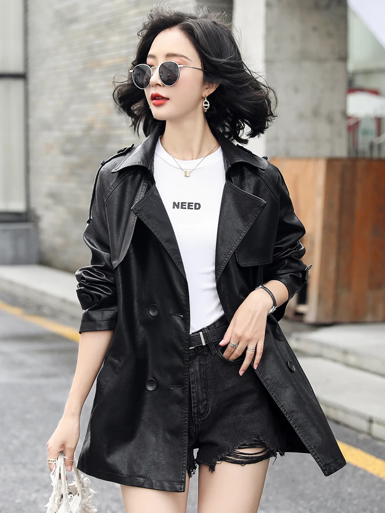 New Women Leather Jacket Spring Autumn 2022 Casual Fashion Solid Color Elastic Waist Loose Sheepskin Trench Coat Biker Jacket