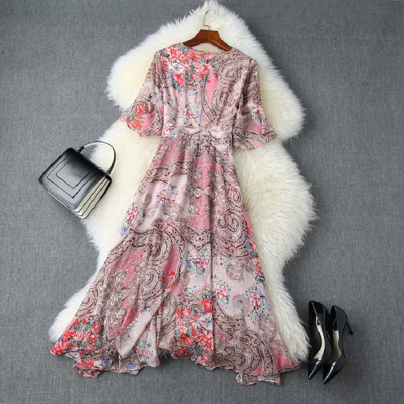 

new spring summer 2021 sexy Chiffon Holiday Dress Women long split Casual dress womanliness Retro Printed V-neck party dresses