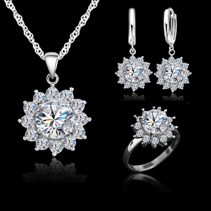

Fashion Sunflower Crystal Necklace Earrings Rings Jewelry Set For Women Girls Wedding Engagement Fashion Jewelry Wholesale