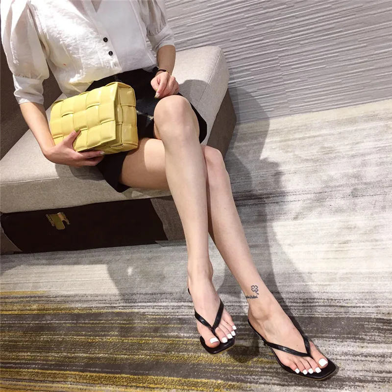 

2020 summer new candy color mid-heel stiletto flip flops flip flops high heel sandals women's shoes square toe slippers