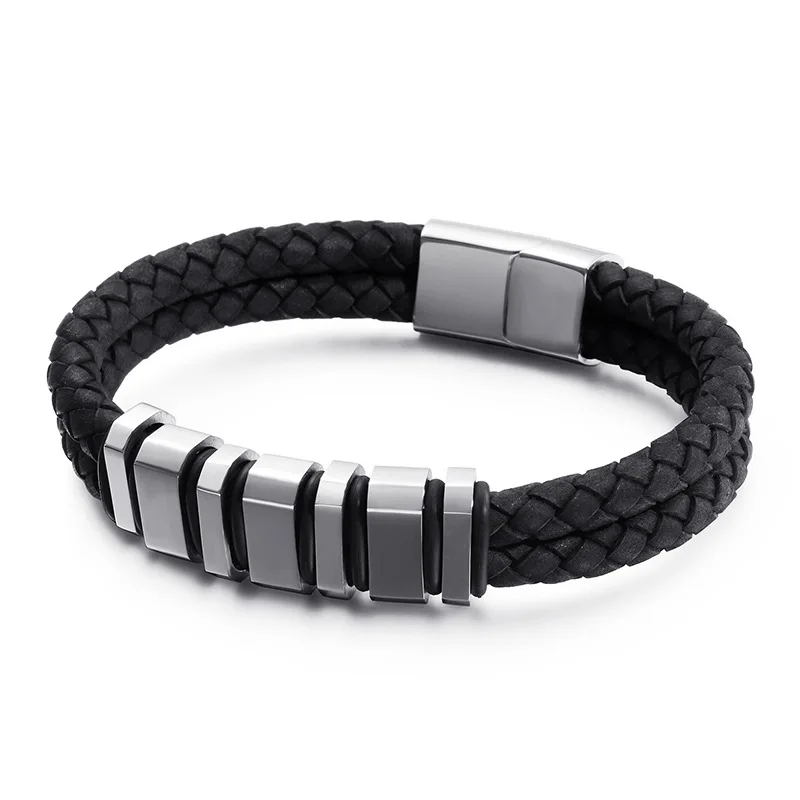 

Men's Double Titanium Steel Corrugated Bracelet Handmade Multilayer Leather Bracelet