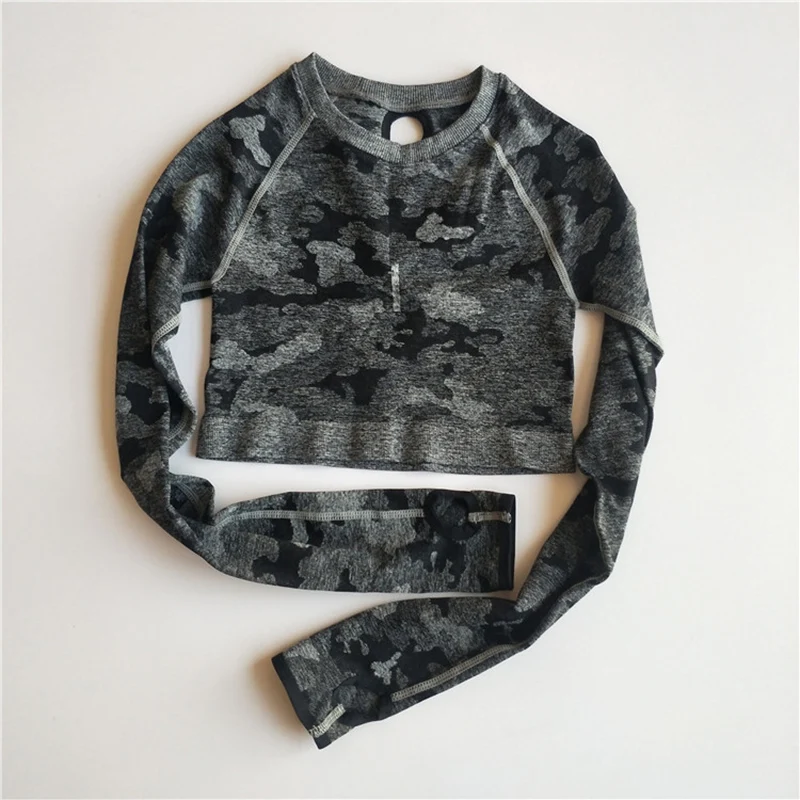 black crop top Женский бесшовный спортивный костюм для йоги, спортивный комплект с бюстгальтером из 3 предметов, Женская Осенняя спортивная одежда с длинным рукавом, камуфляжный комплект для спортзала, одежда для бега и тренировок - Цвет: black crop top