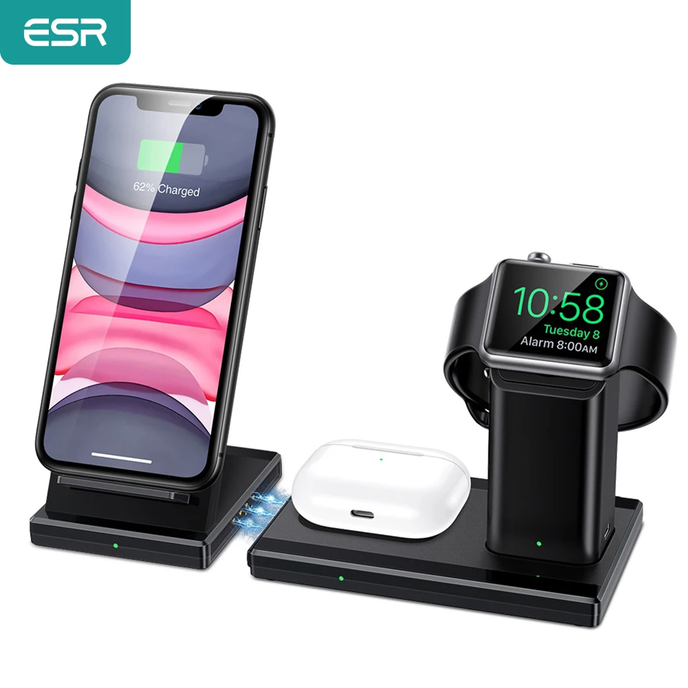 ESR 3 в 1 Qi Беспроводное зарядное устройство Подставка для зарядки iPhone/AirPods Pro/Apple Watch