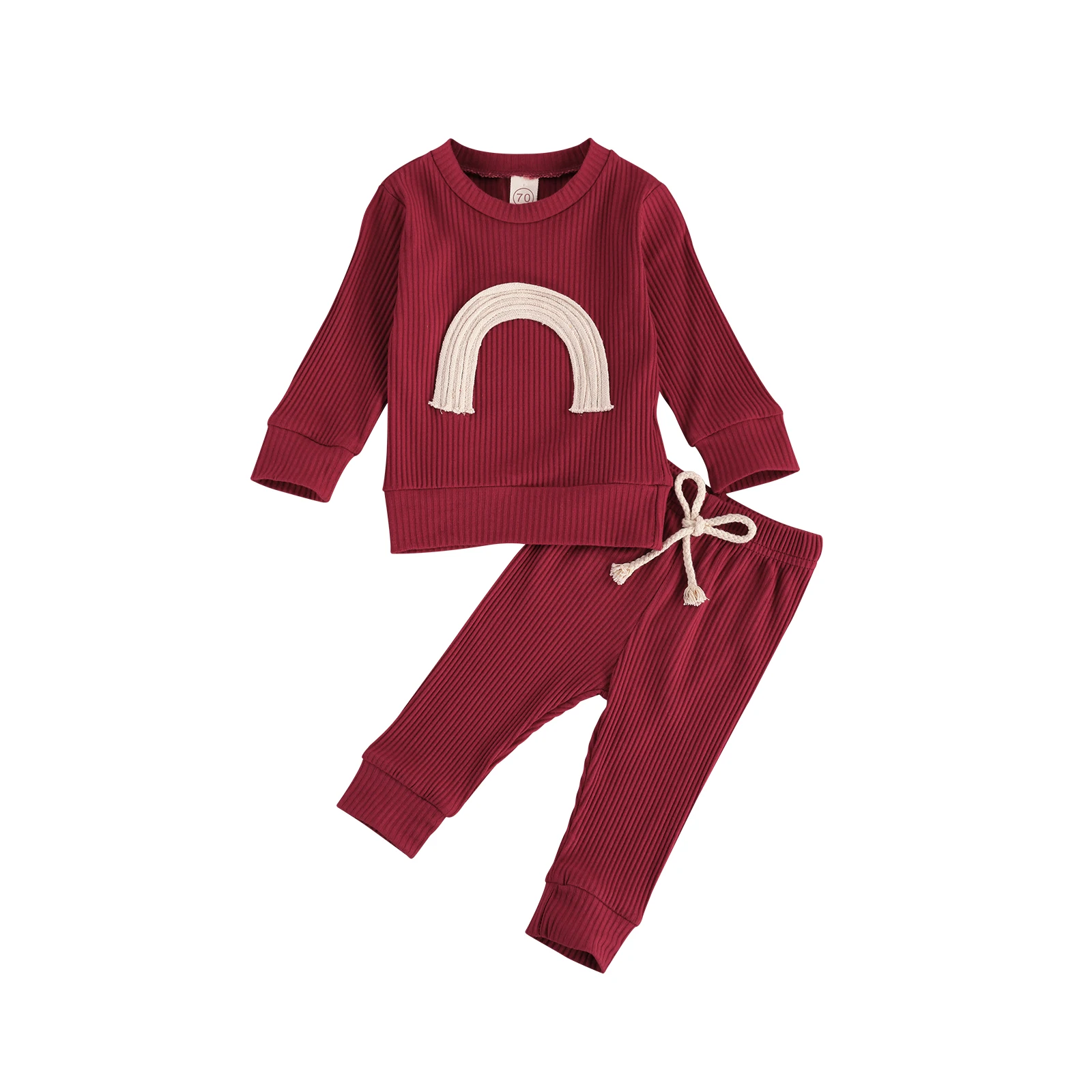 

2021 Модный комплект одежды в рубчик для маленьких девочек и мальчиков, вязаный пуловер, штаны на шнуровке, Радужный топ с длинными рукавами, д...