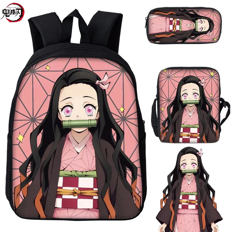 Anime Students Backpack Demon Slayer Kamado Nezuko School Bag Backpack Satchel Messenger Bag Pen Bag Three Pieces Set Gift