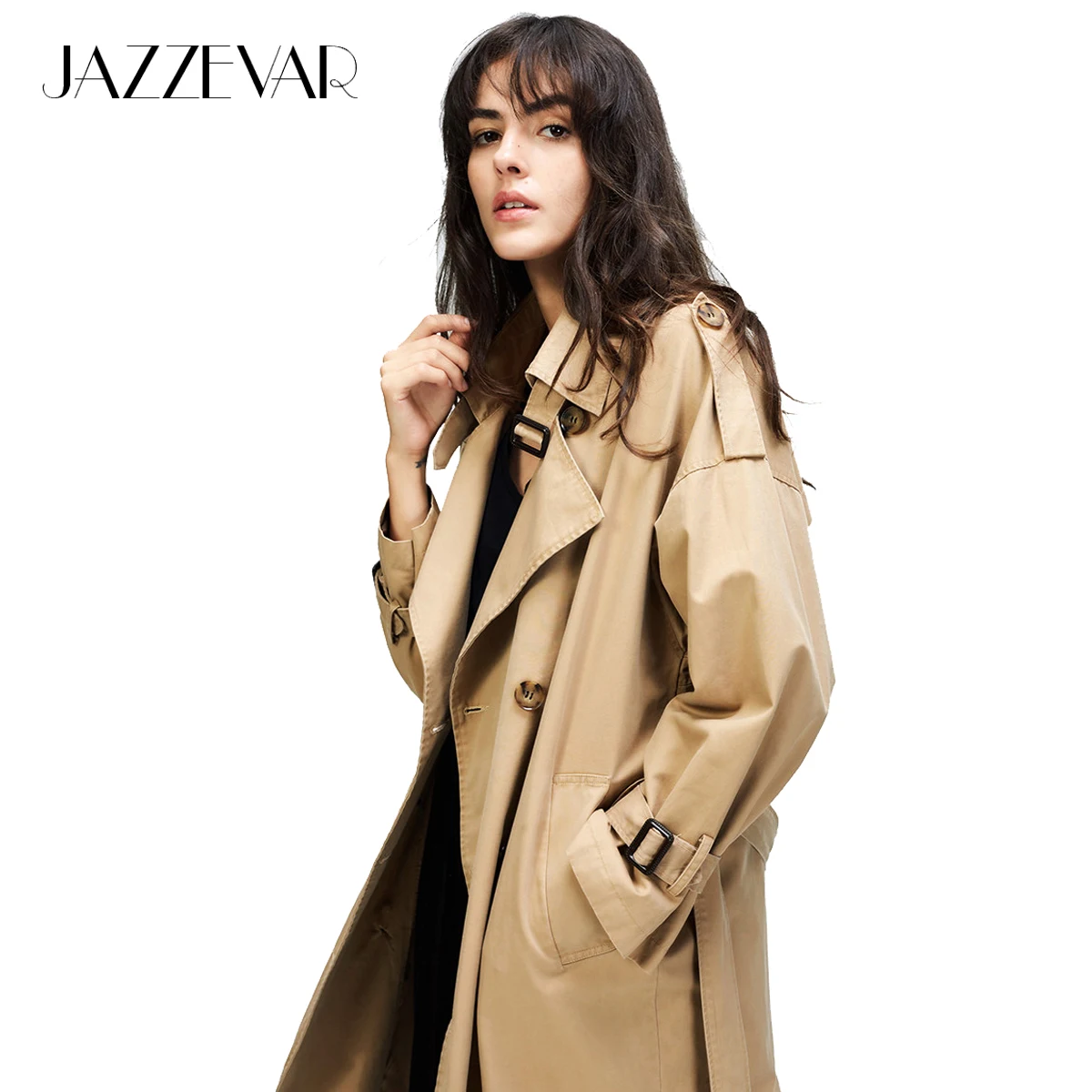 JAZZEVAR 2023 Autumn New Women's Casual Trench Coat Oversize Double Breasted Vintage Washed Outwear Loose Clothing