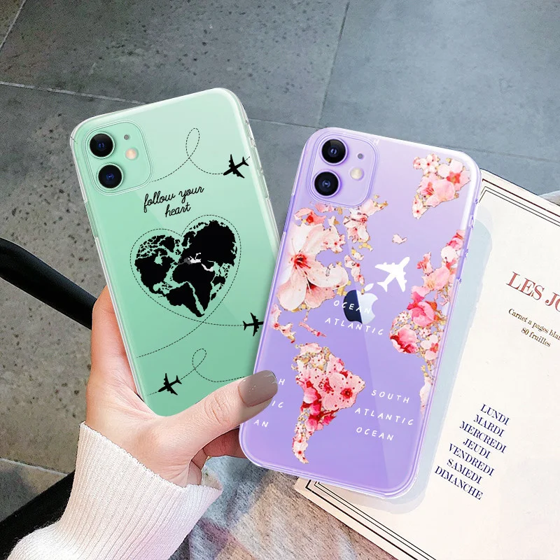 

Love Heart Map Phone Case For iPhone 11 Pro XS Max XR X 8 7 6 Plus 5 5s SE Flower Airplane Transparent Soft TPU Cover