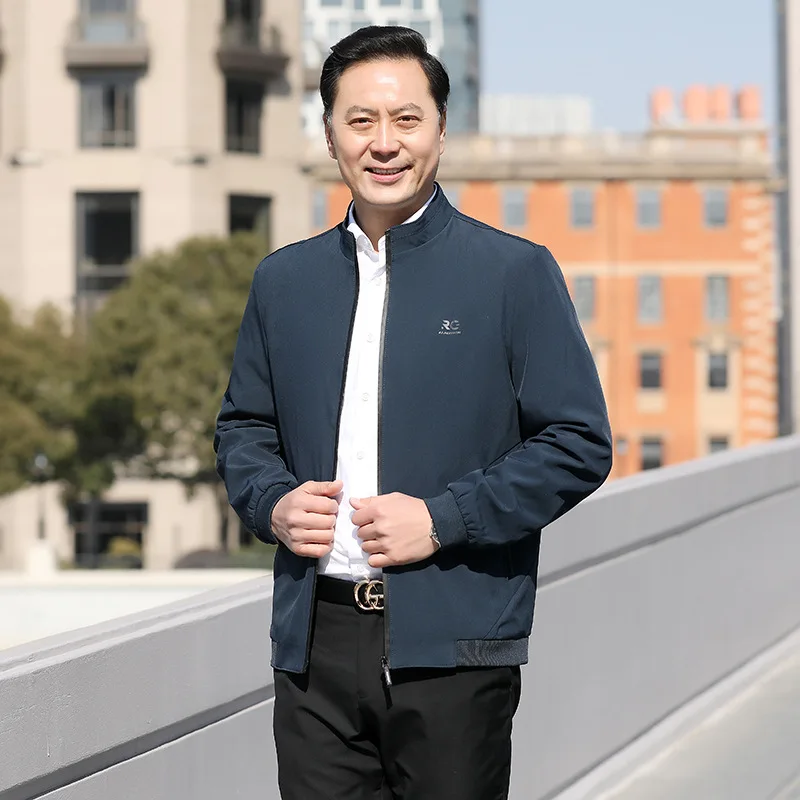 

men jacket autumn casual zipper hooded young and middle-aged solid color zipper stand-up collar Hooded straight hem bomber coat