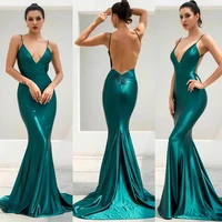 sexy v neck green mermaid evening dress long for women spaghetti straps satin formal prom gowns backless vestidos de noche