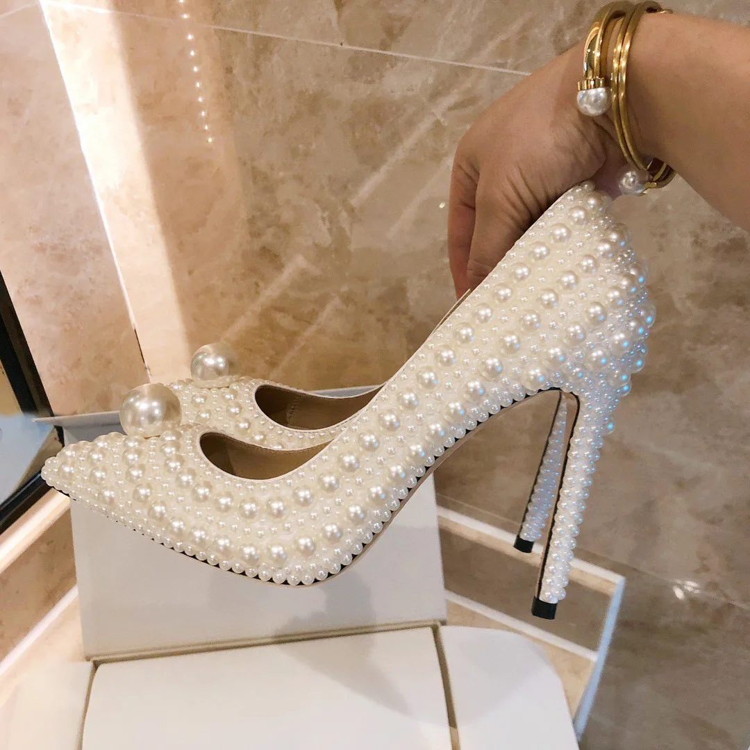 

Summer Luxury Brand White Pearl Sandals Wedding Shoes Women Thin Stilettos Peep toe Evening Party High Heels Shoes Top Leather
