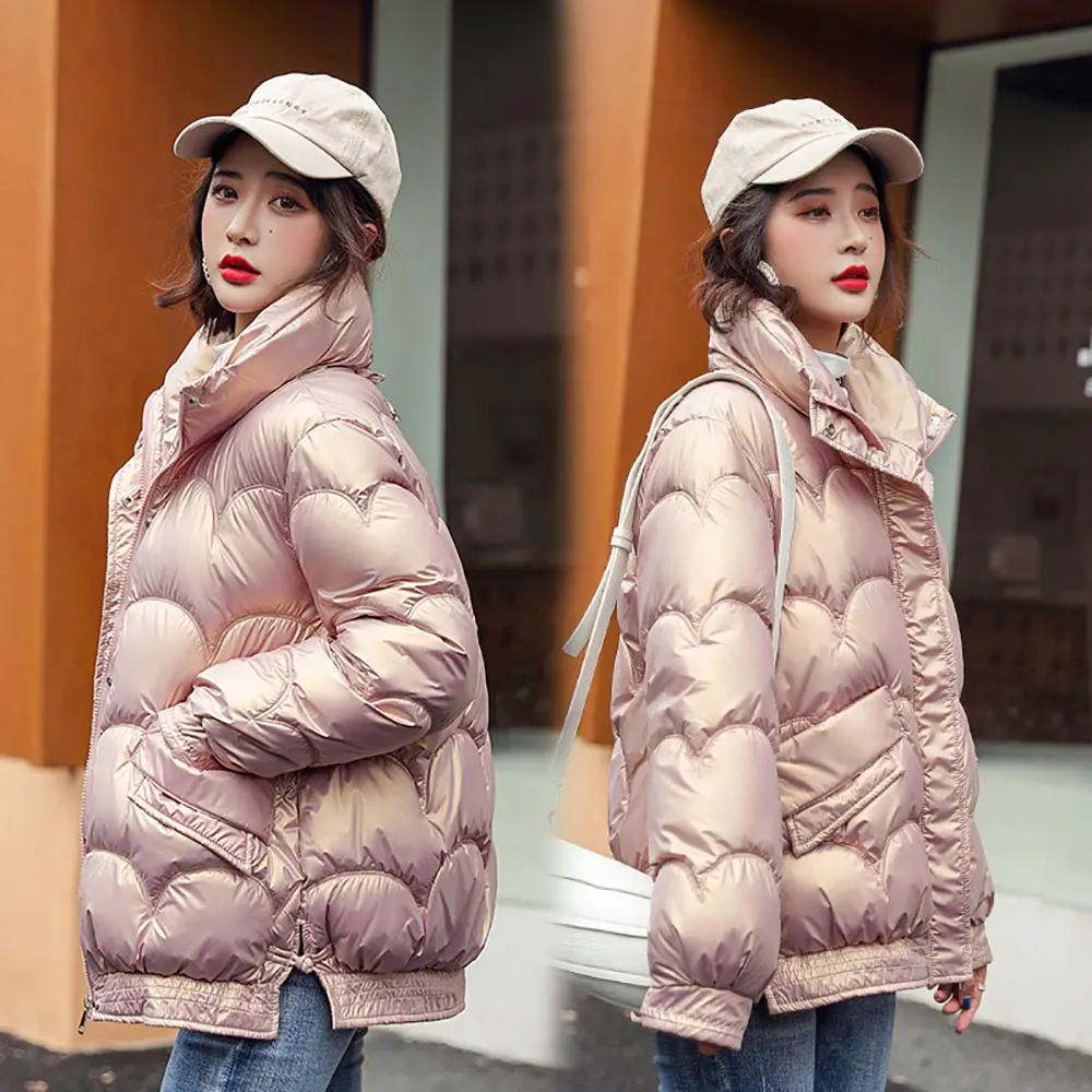 GRELLER Fashion Winter Coat Thick Warm Short Parkas Women Winter Coat Elegant Shinny Cotton Stand Collar Winter Jackets Women