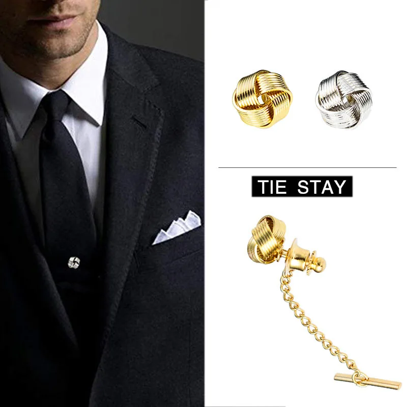 

OBN High Quality Copper Knot Tie Tack Pin with Safety Chain for Regular Necktie Men's Jewelry