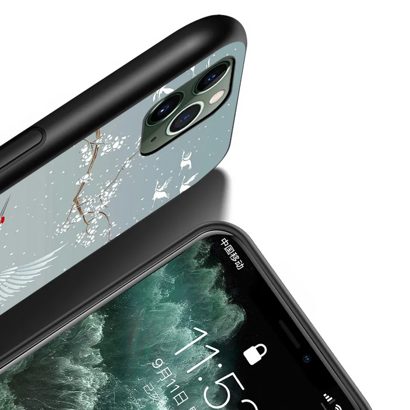 

Japanese style Crane Art For iPhone 12 11 XS Pro Max Mini XR X 8 7 6 6S Plus 5 SE 2020 Black Cover Phone Case