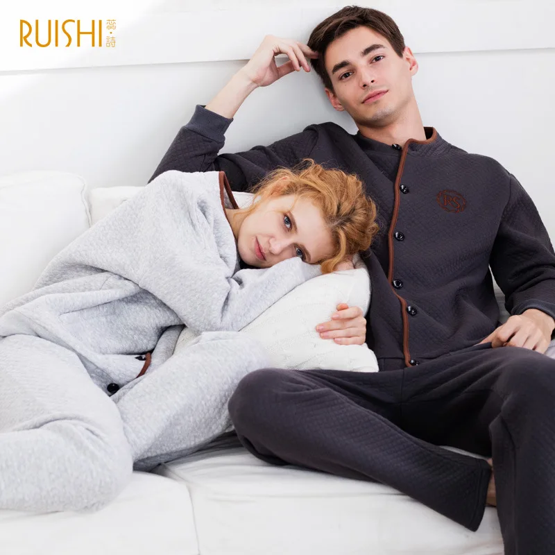 

New Couple Matching Pijamas Winter Thick Cotton Cardigan Pajamas Women's Cotton Home Wear Suit Men and Women Warm Pajamas Sets