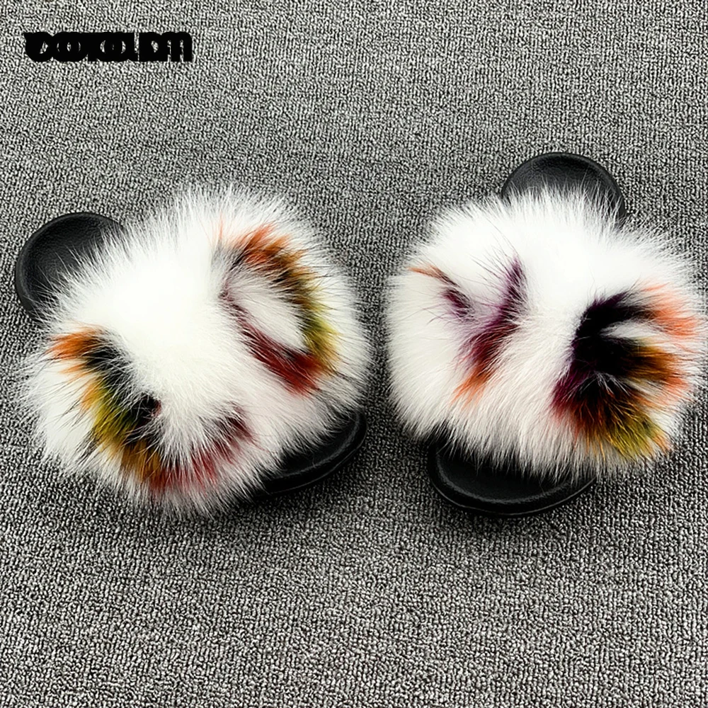 Fluffy Raccoon Fur Slippers Shoes Women Fur Flip Flop Flat Furry Fur Slides Outdoor Sandals  Fuzzy Slippers Woman Amazing Shoes images - 6