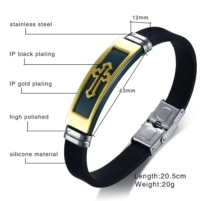 Черный/серебристый/золотой тон Крест Браслет манжета для мужчин черные