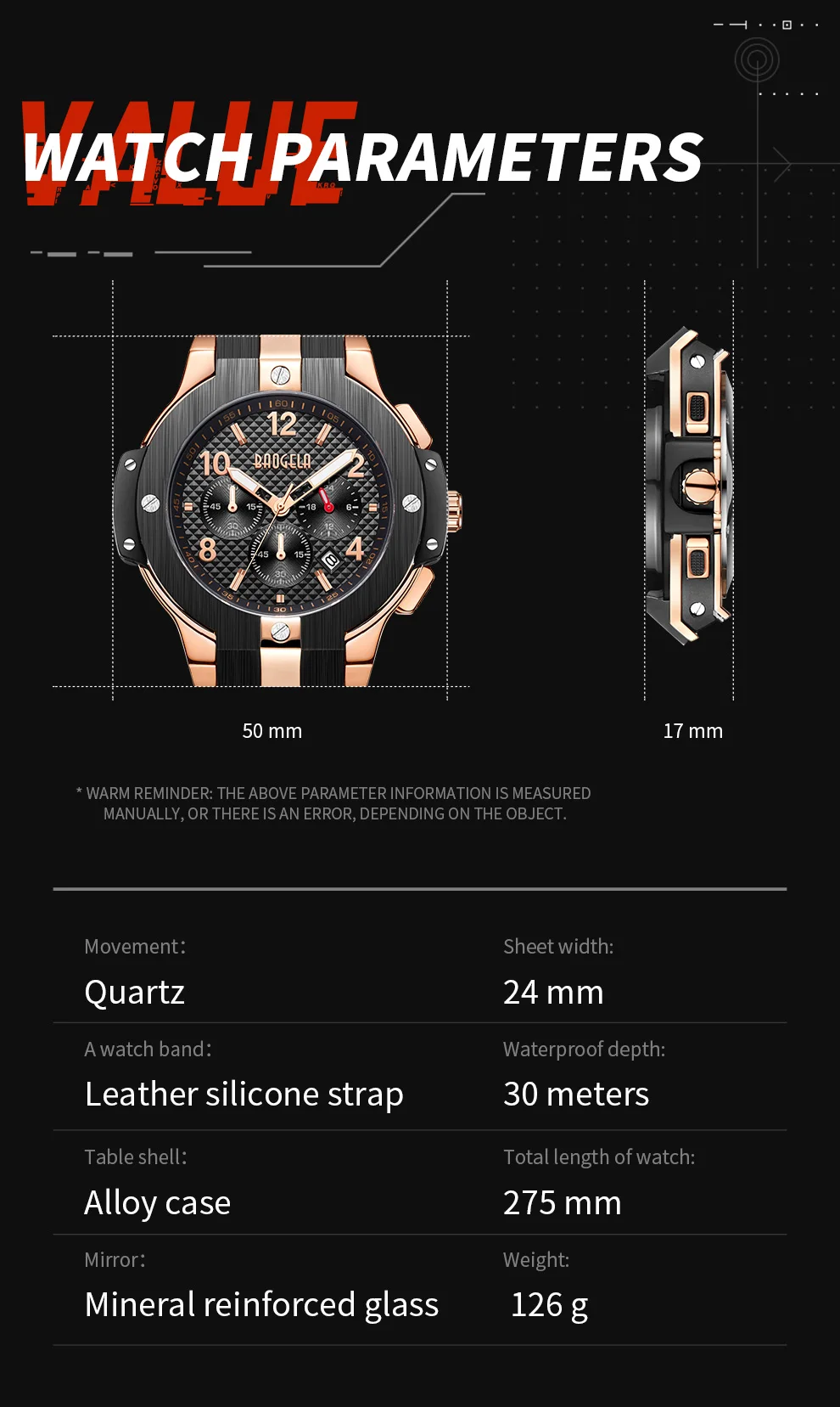 BAOGELA marque hommes montre Quartz montre ou bande de caoutchouc 3ATM resistant А 'Eau chronographe hommes Quartz 1909