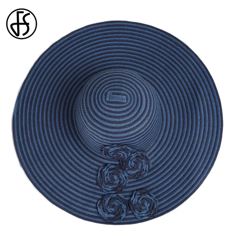 Женская складывающаяся шляпа FS пляжная с широкими полями и цветами голубая или