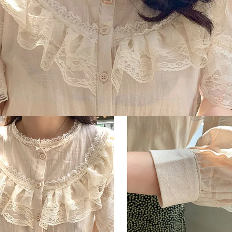 

Womens Tops and Blouses 2021 Cotton Linen Blouse Button Solid Stand Collar Ladies Lace Tops Women Shirts Blusas Feminine