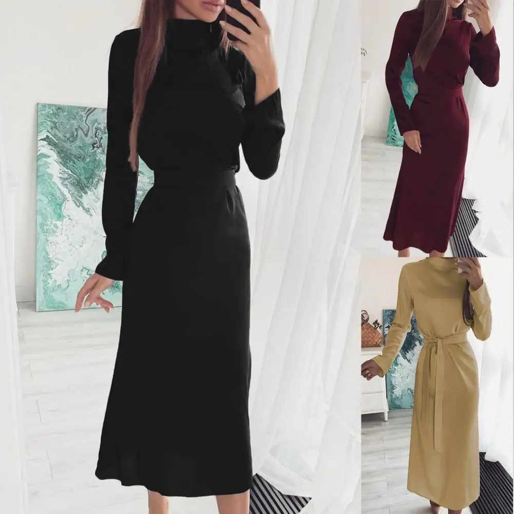 

Dress Simple Turtleneck Lace-Up Dress Lady Autumn Dress Solid Color Streetwear