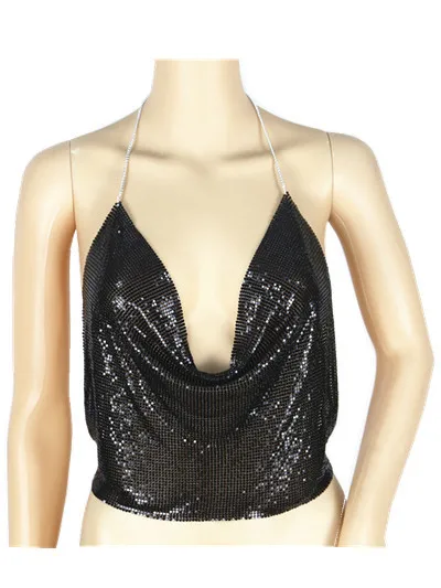 Sexy all-match bottoming tie-wrapped breasted girl prom party halter metal sequins deep V umbilical vest