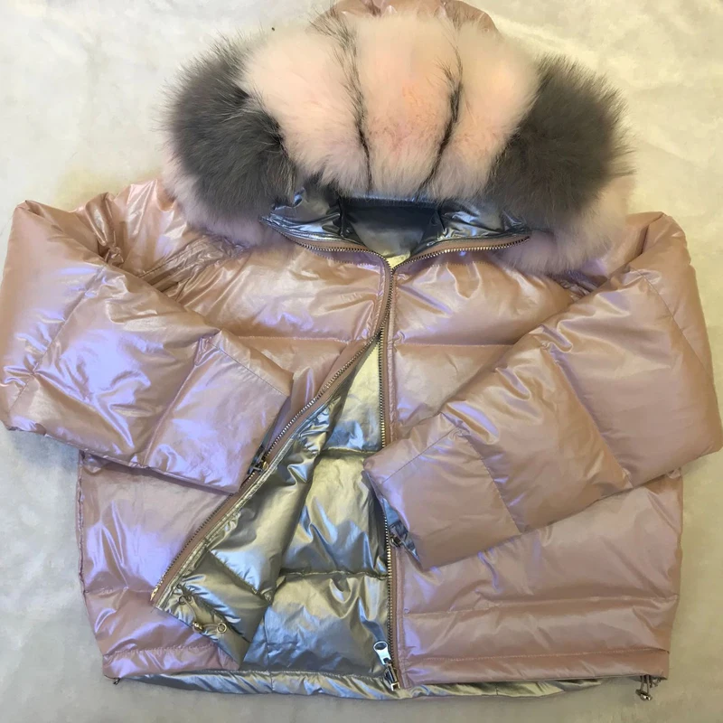 Двусторонняя одежда с лисьим большим меховым воротником короткая куртка пуховик