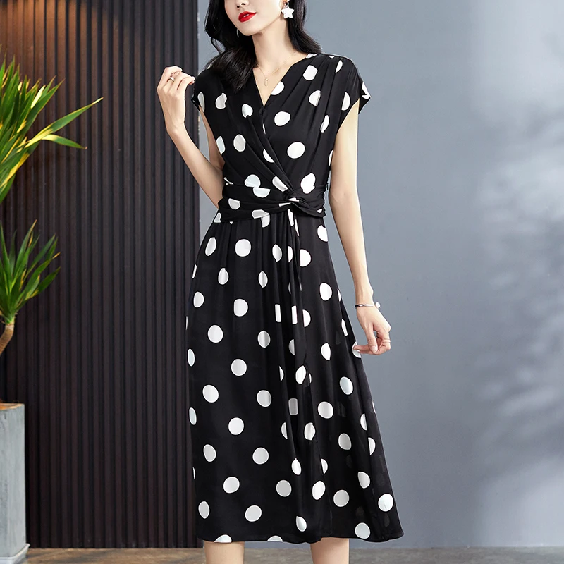 

Summer Women Black Dresses Elegant V-neck Short Sleeve Folds High Waist Real Silk Office Lady Dot Print A-line Maxi Dress
